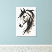 モノクロの水墨画の馬の肖像 キャンバスプリント (インサイチュ (ウッドフロア))