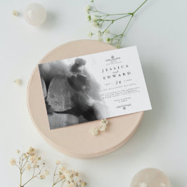 モノクロの水彩画の鳥と花のウェディング 招待状