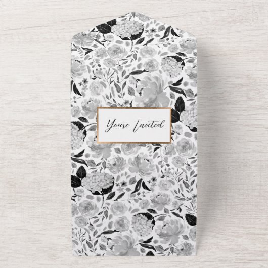 モノクロの水彩花の結婚式 オールインワン招待状 (外側)