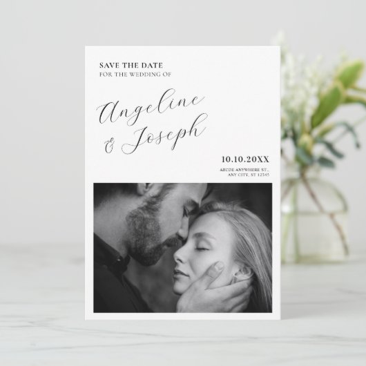 モノクロの現代的でミニマルなフォトウェディング セーブザデート (スタンド正面)
