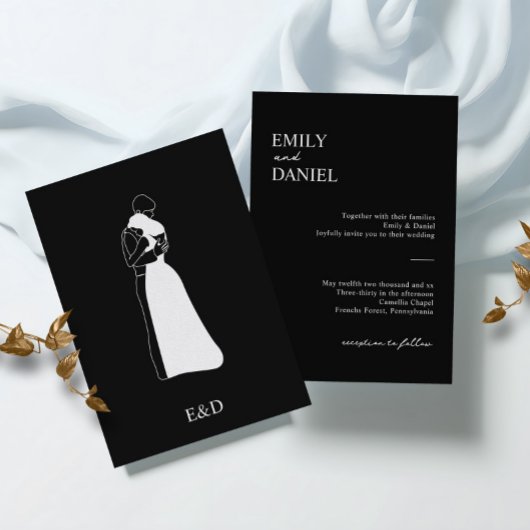 モノクロの現代的な手描きのカップルの結婚式 招待状