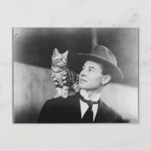 モノクロの男性と猫のはがき