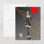 モノクロの秋の葉とレディと犬のはがき ポストカード (正面/裏面)