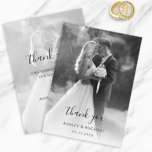 モノクロの結婚式写真 現代的なスクリプト シンプル サンキューカード