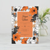 モノクロの線画の花をあしらったウェディング 招待状 (スタンド正面)