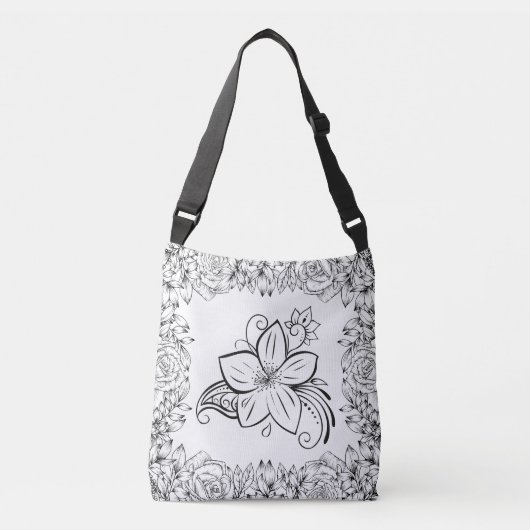 モノクロの美しさ 黒と白の花 クロスボディバッグ (正面)