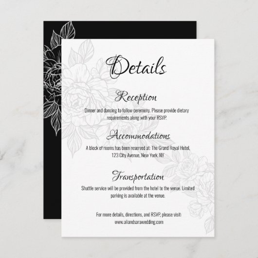 モノクロの芍薬のウェディング 付属カード エンクロージャーカード (正面/裏面)
