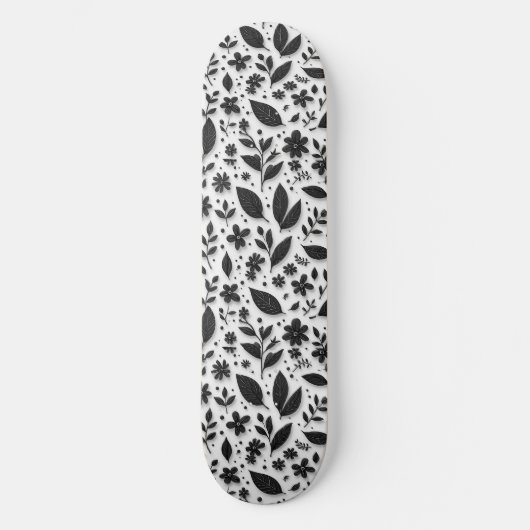 モノクロの花と葉の模様 スケートボード (正面)
