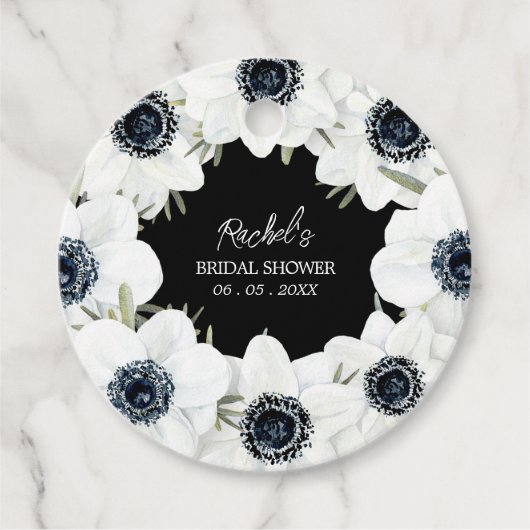モノクロの花のブライダルシャワー フェイバータグ (正面)