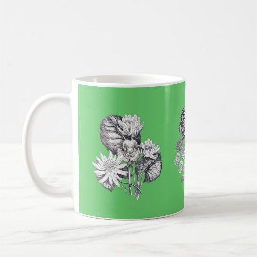 モノクロの花の緑の背景 コーヒーマグカップ (左)
