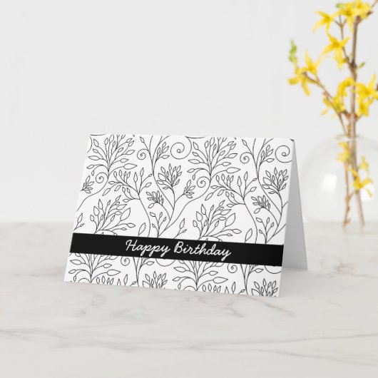 モノクロの花の誕生日カード カード (黄色い花)