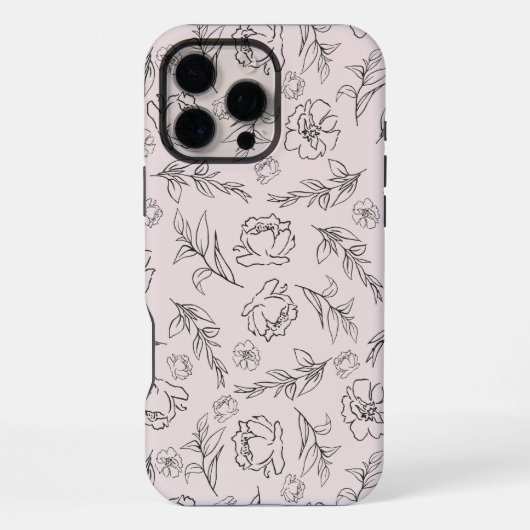 モノクロの花柄の背景パターン iPhoneケース (裏面)