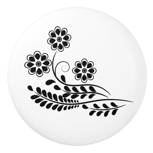 モノクロの花柄デザイン セラミックノブ (正面)