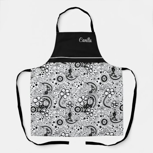 モノクロの花柄 エプロン (正面)