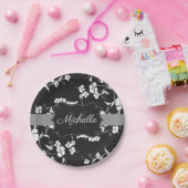 モノクロの花柄 ペーパープレート (パーティー)