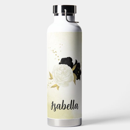 モノクロの花模様に金の葉 ウォーターボトル (左面)