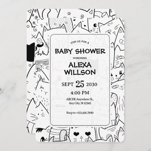 モノクロの落書きねこたち ベビーシャワー 招待状 (正面/裏面)