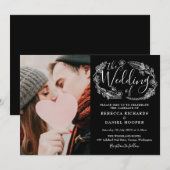 モノクロの葉っぱとカリグラフィーの結婚式フォト 招待状 (正面/裏面)
