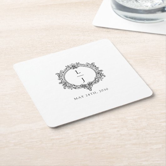 モノクロの葉の紋章 ウェディング スクエアペーパーコースター (アングル)