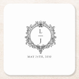 モノクロの葉の紋章 ウェディング スクエアペーパーコースター