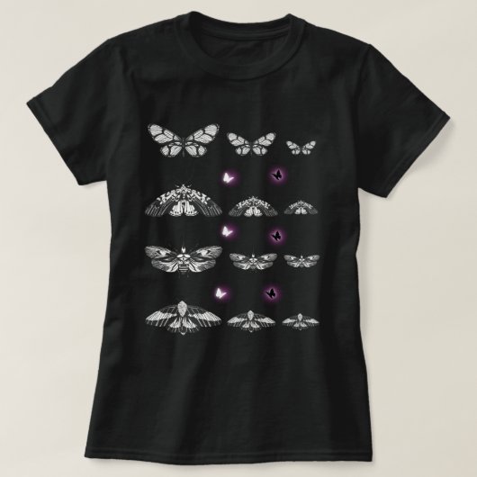 モノクロの蛾と蝶の芸術 Tシャツ (デザイン正面)