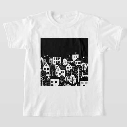 モノクロの都会のイラスト Tシャツ (レイダウン)