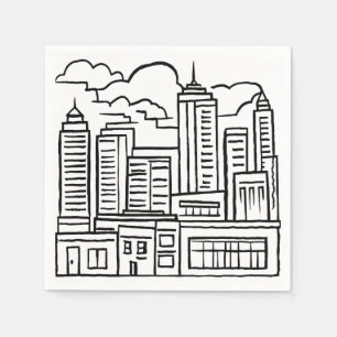 モノクロの都市スカイラインのイラスト スタンダードカクテルナプキン