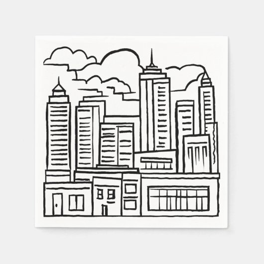 モノクロの都市スカイラインのイラスト スタンダードカクテルナプキン (正面)