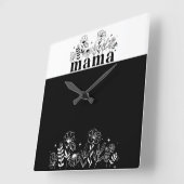 モノクロの野の花ママ スクエア壁時計 (傾斜)