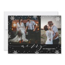 モノクロの雪の結晶と写真2枚のクリスマスカード