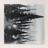 モノクロの霧に包まれた松林の水彩画アートプリント ジグソーパズル (横)