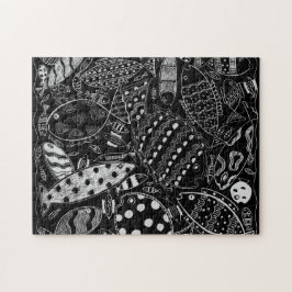 モノクロの魚のパターン モダンアート ジグソーパズル