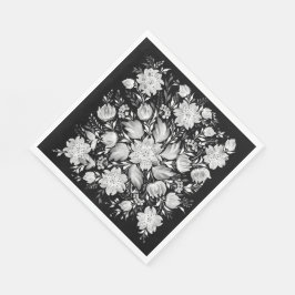 モノクロの黒と白の花柄フォークアート スタンダードランチョンナプキン