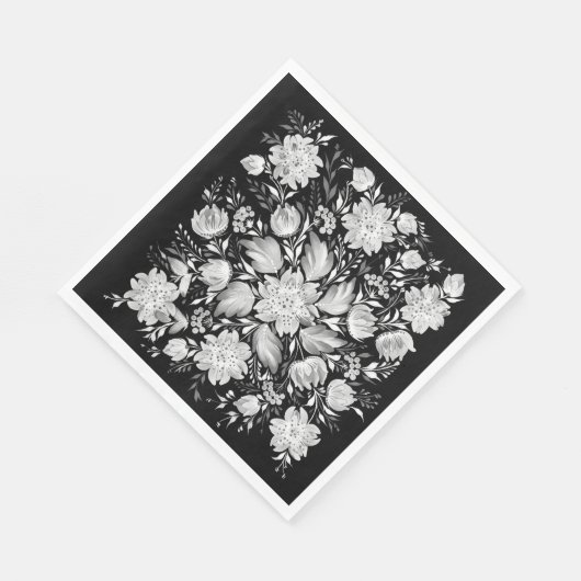 モノクロの黒と白の花柄フォークアート スタンダードランチョンナプキン (角)