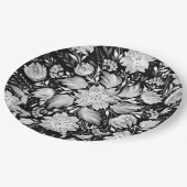 モノクロの黒と白の花柄フォークアート ペーパープレート (アングル)
