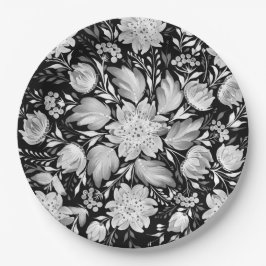 モノクロの黒と白の花柄フォークアート ペーパープレート