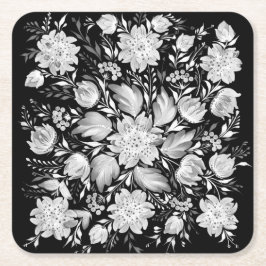 モノクロの黒と白の花柄 フォークアート スクエアペーパーコースター