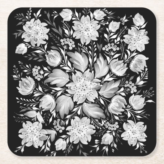 モノクロの黒と白の花柄 フォークアート スクエアペーパーコースター (正面)
