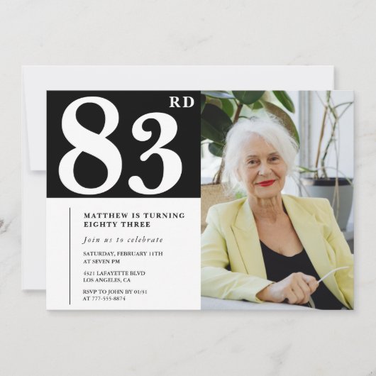 モノクロの83歳の誕生日招待状 写真 招待状 (正面)