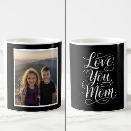 モノクロの「Love You Mom」1枚の写真入りギフト コーヒーマグカップ