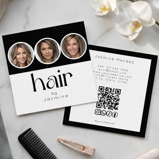 モノクロのQRコード付きソーシャルリンク ヘアスタイリスト 3枚の写真 スクエア名刺