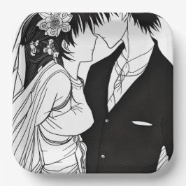 モノクロアニメの花嫁と新郎の結婚式 ペーパープレート