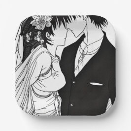モノクロアニメの花嫁と新郎の結婚式 ペーパープレート