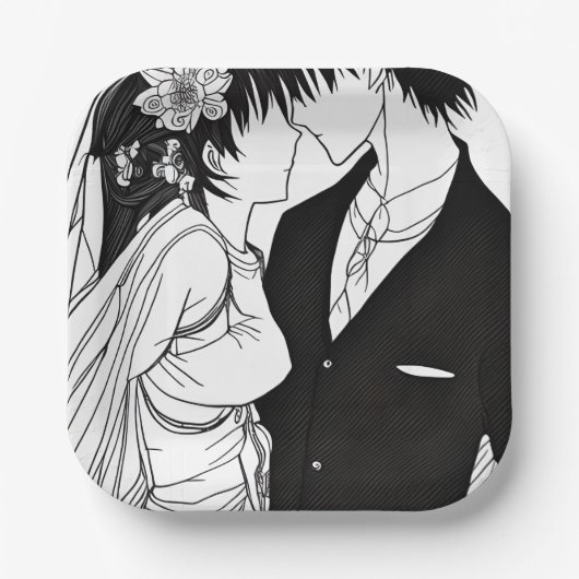 モノクロアニメの花嫁と新郎の結婚式 ペーパープレート (正面)
