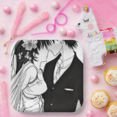 モノクロアニメの花嫁と花婿のウェディング ペーパープレート (パーティー)