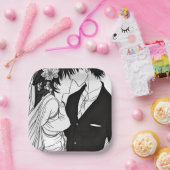 モノクロアニメの花嫁と花婿のウェディング ペーパープレート (パーティー)