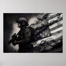モノクロアメリカ国旗スモークインク女性軍人アート