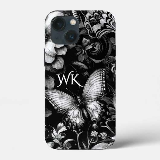 モノクロアンティークフローラ蝶モノグラム Case-Mate iPhoneケース (裏面)