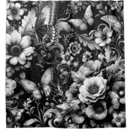 モノクロアンティークフローラ（蝶あり） シャワーカーテン