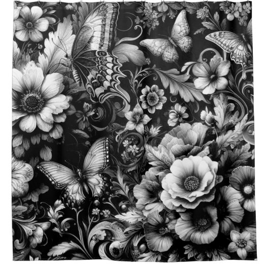 モノクロアンティークフローラ（蝶あり） シャワーカーテン (正面)